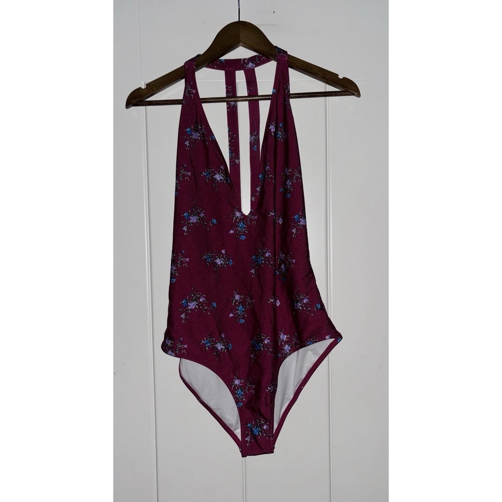 VOLCOM Stems for Days Printed Plunging Halter 1 pc Swimsuit Women L Beach NEW
